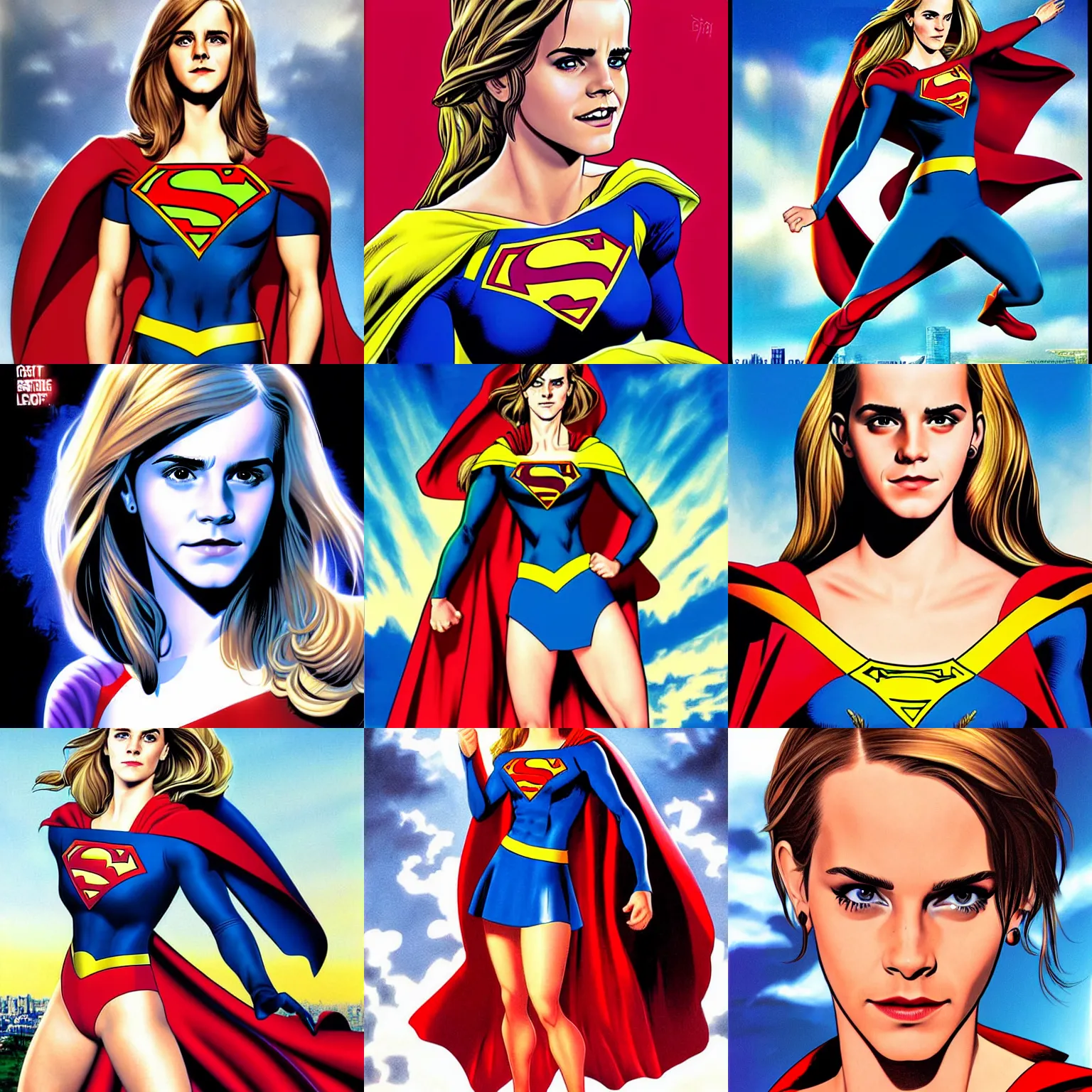 Prompt: Emma Watson as SuperGirl by brian bolland by alex ross digital painting, digital art