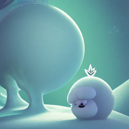 Image similar to a portrait of a mochi cannabis snowball character in a gelatinous ❄ environment 3 d rendered in octane, by eyvind earle