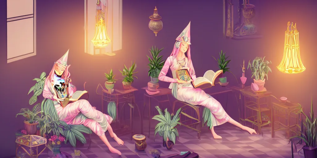 Prompt: a pastel illustration of a woman wizard, ornate clothing, lounging on a purpur pillow on the marbled checkered floor in her study room reading an ancient tome. to the side is a potted plant, moody candlelit raytracing. ancient oriental scifi fantasy setting. 4 k key art. by mark tedin