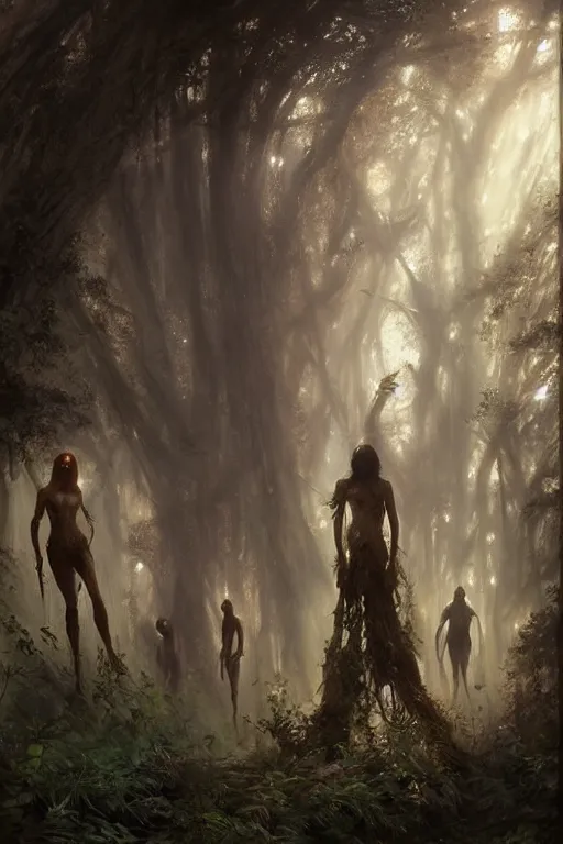 Prompt: soul of a man leaving body, 5 dryads standing near him in pantys made of plants and trees trying to catch soul that flying up to gods light ray from the sky, volumetric neon lights intricate details, by greg rutkowski, gaston bussiere