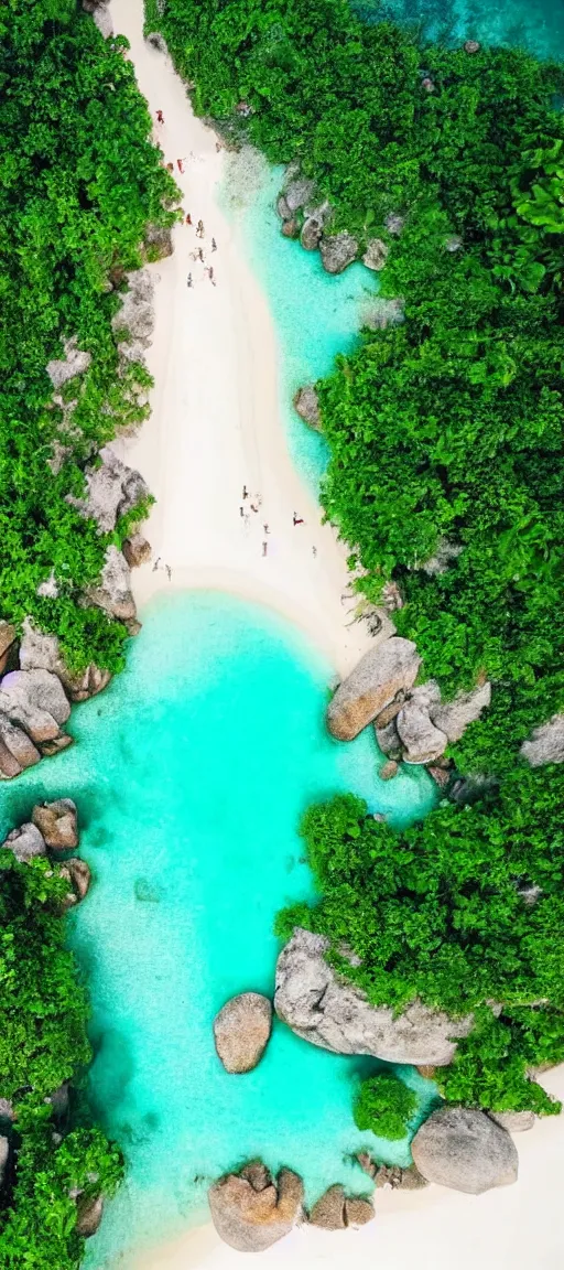 Prompt: beautiful koh samui, koh krabi, crystal clear blue water, white sandy beach, rocky cliffs, drone view