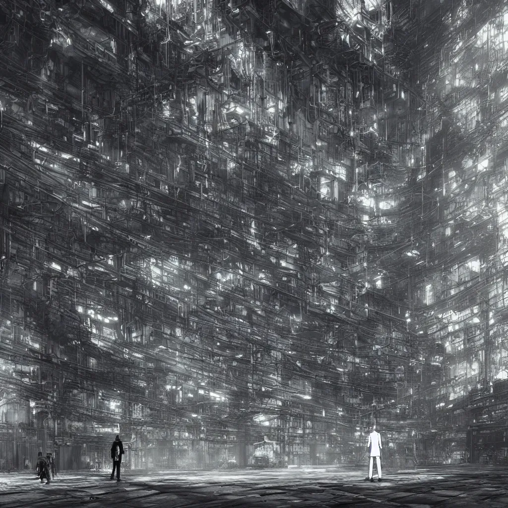 Prompt: lonely stranger inside a hall of monumental cyberpunk industrial factory megacomplex; by tsutomi nihei; hyperrealistic, 4K wallpaper, highly detailed