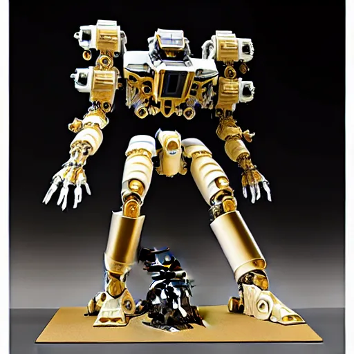 Image similar to mecha carved obsidian mechanical exoskeleton wearing hardsurface armour, inlaid with ivory and gold accents, rococo, by spider zero, frank gehry, jeff koons, bandai box art, in the style of john berkey, norman rockwell, ivan shishkin