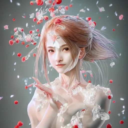 Prompt: the portrait of an absurdly beautiful, graceful, elegant, sophisticated young gravure idol made of strawberries and white petals wearing a dress, an ultrafine hyperdetailed illustration by kim jung gi, irakli nadar, intricate linework, bright colors, octopath traveler, final fantasy, unreal engine 5 highly rendered, global illumination, radiant light, detailed and intricate environment