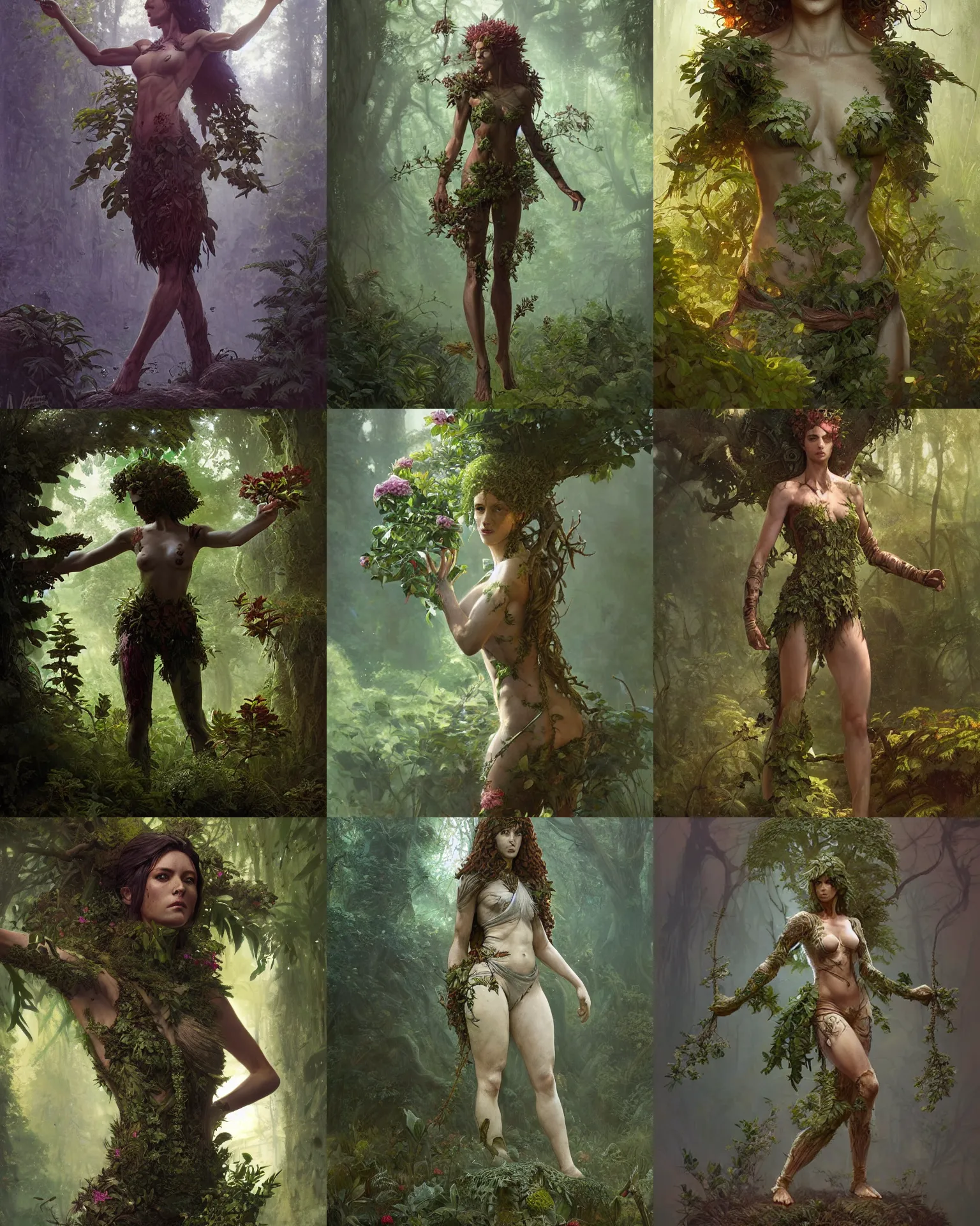 Prompt: martial artist dryad, woman made of plants, fantasy character portrait full body concept art, intricate details, by greg rutkowski, ilya kuvshinov, gaston bussiere, craig mullins, simon bisley