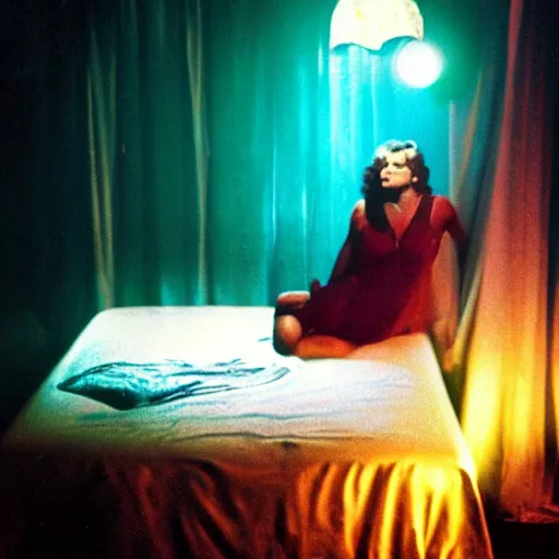 Image similar to a bed, alone in a disco, 1980's style, dramatic lighting