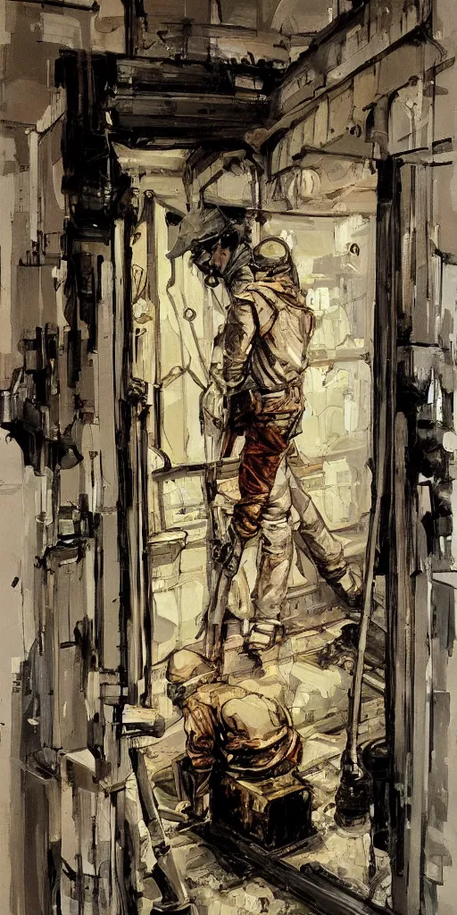 Prompt: oil painting scene from old elevator by kim jung gi