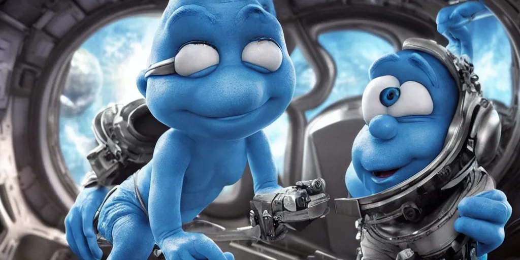 Image similar to a 3 d rendered movie still a smurf descendant 1 million years in the future. the smurf is sentient, wears a spacesuit, and explores cosmos in a super awesome space ship. science fiction blockbuster smurfs rule the world or my stepmom is a smurf from the future, imax 7 0 mm. silent running, fifth element.