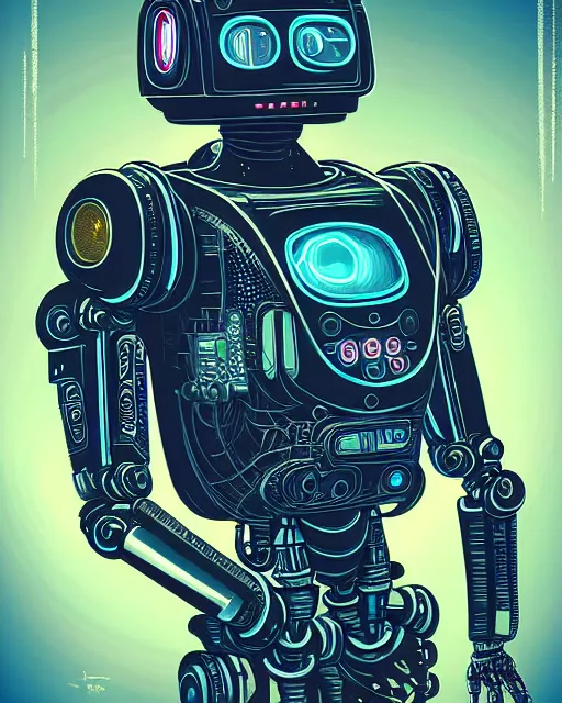 Image similar to robot, character portrait, portrait, close up, concept art, intricate details, highly detailed, sci - fi poster, cyberpunk, in the style of looney tunes by warner bros