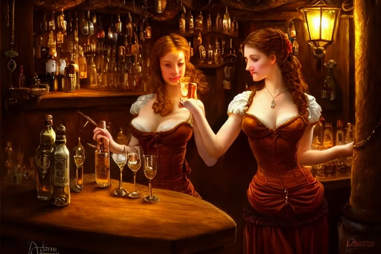 Prompt: a beautiful barmaid, dimly lit cozy crowded tavern, relaxed pose, fantasy, intricate, elegant, dramatic lighting, emotionally evoking symbolic metaphor, highly detailed, lifelike, photorealistic, digital painting, artstation, concept art, smooth, sharp focus, illustration, art by John Collier and Albert Aublet and Krenz Cushart and Artem Demura and Alphonse Mucha, masterpiece