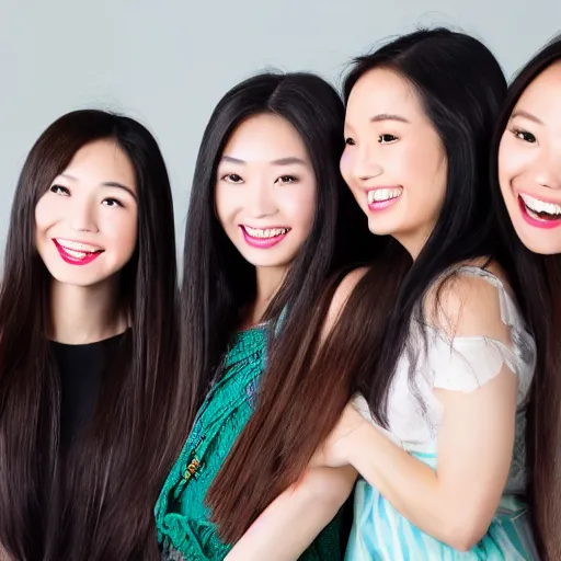 Image similar to close up studio shot of a group of beautiful young mixed Chinese Japanese women, long black hair, green eyes, laughing, photorealistic,8k, XF IQ4, 150MP, 50mm, F1.4, ISO 200, 1/160s, natural light