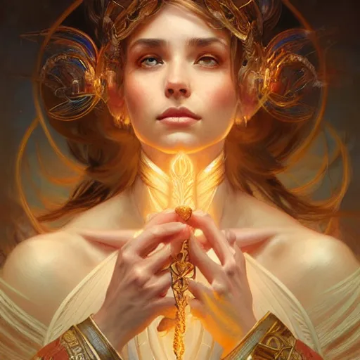 Image similar to portrait of a goddess of elemental lightning, half body, perfect face, d & d, fantasy, intricate, elegant, highly detailed, digital painting, artstation, concept art, smooth, sharp focus, illustration, art by artgerm and greg rutkowski and alphonse mucha