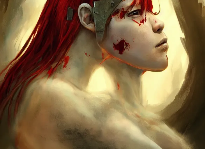 Image similar to landscape, portrait painting beautiful realism, an african girl red hair in wood armor who was sprawled out was about to rise, his face covered in blood. cinematic scene, good lighting, fine art, trending on artstation, smooth draw, sharp focus.