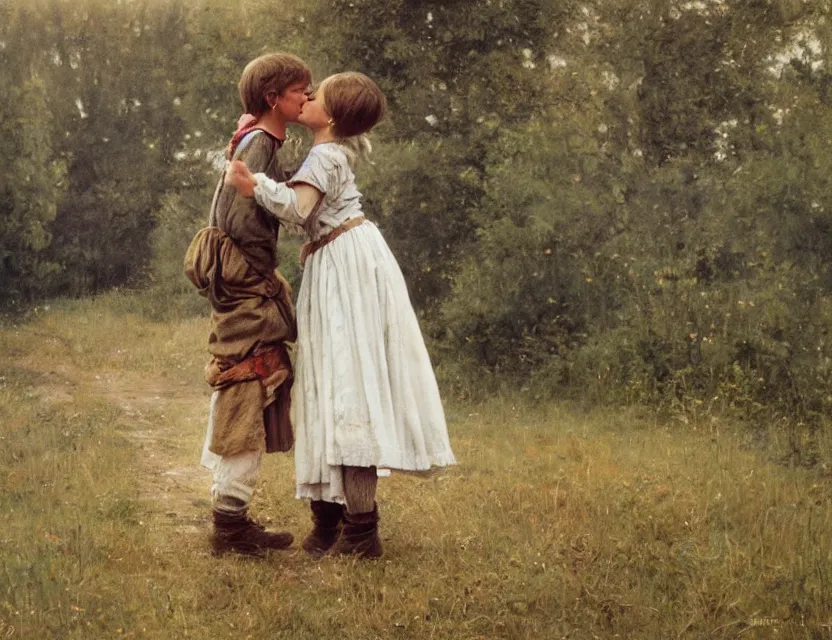 Image similar to peasant boy and girl first kiss, on a village, Cinematic focus, Polaroid photo, vintage, neutral colors, soft lights, foggy, by Steve Hanks, by Serov Valentin, by lisa yuskavage, by Andrei Tarkovsky 8k render, detailed, oil on canvas