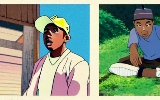 Image similar to a still of tyler the creator and earl sweatshirt in a studio ghibli film, art by hayao miyazaki, hi res, 4k, high detail