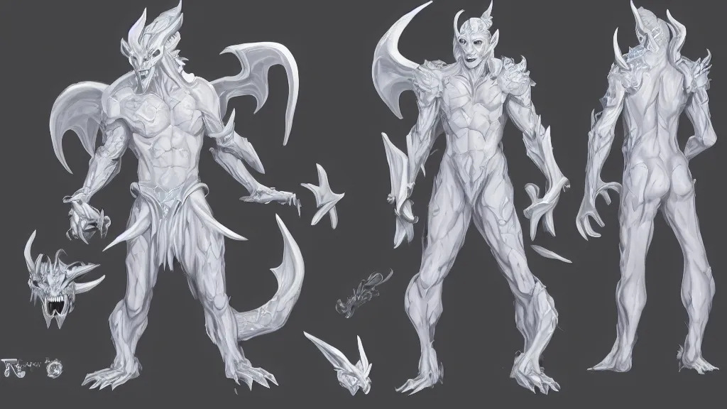 Image similar to a fantasy white and pale blue draconian demon with bright eyes character design sheet, trending on artstation