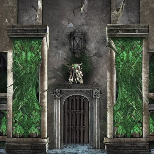 Prompt: entrance of a mansion, gargoyles, plants, background of resident evil game