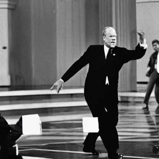 Prompt: President Gerald Ford dancing his heart out. CineStill.