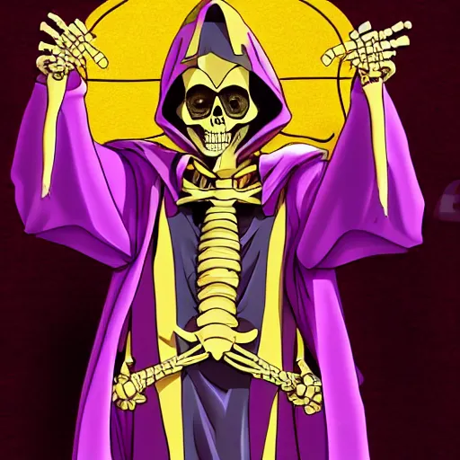 Prompt: a skeleton in a purple robe, golden magical shoulder pads, in a hood, a red magic sphere in the chest, he stands next to the golden throne, manga, anime overlord, hand drawn, proportions, 2d