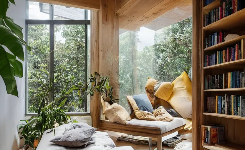 Image similar to interior desing magazine photo of a big window with a wooden frame to sit on, some sandy yellow pillows, there are just a few books and plants on a small integrated shelf, great architecture, ambient light, 8k