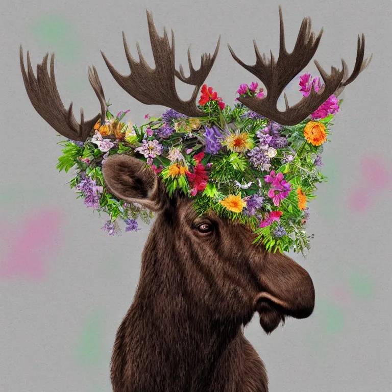 Image similar to A moose wearing a crown of flowers, digital art