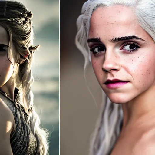 Prompt: Emma Watson full shot modeling as Daenerys Targaryen From Game of Thrones, (EOS 5DS R, ISO100, f/8, 1/125, 84mm, postprocessed, crisp face, facial features)