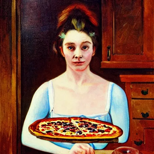 Prompt: A beautiful print of a young lady with a serious case of the munchies, eating an entire pizza while sitting in front of an open refrigerator. body paint by Harriet Backer, by Go Nagai funereal