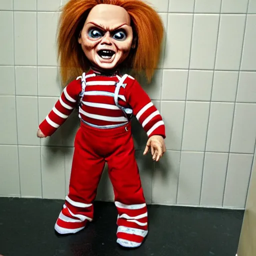 Image similar to chucky the killer doll standing in the bathroom