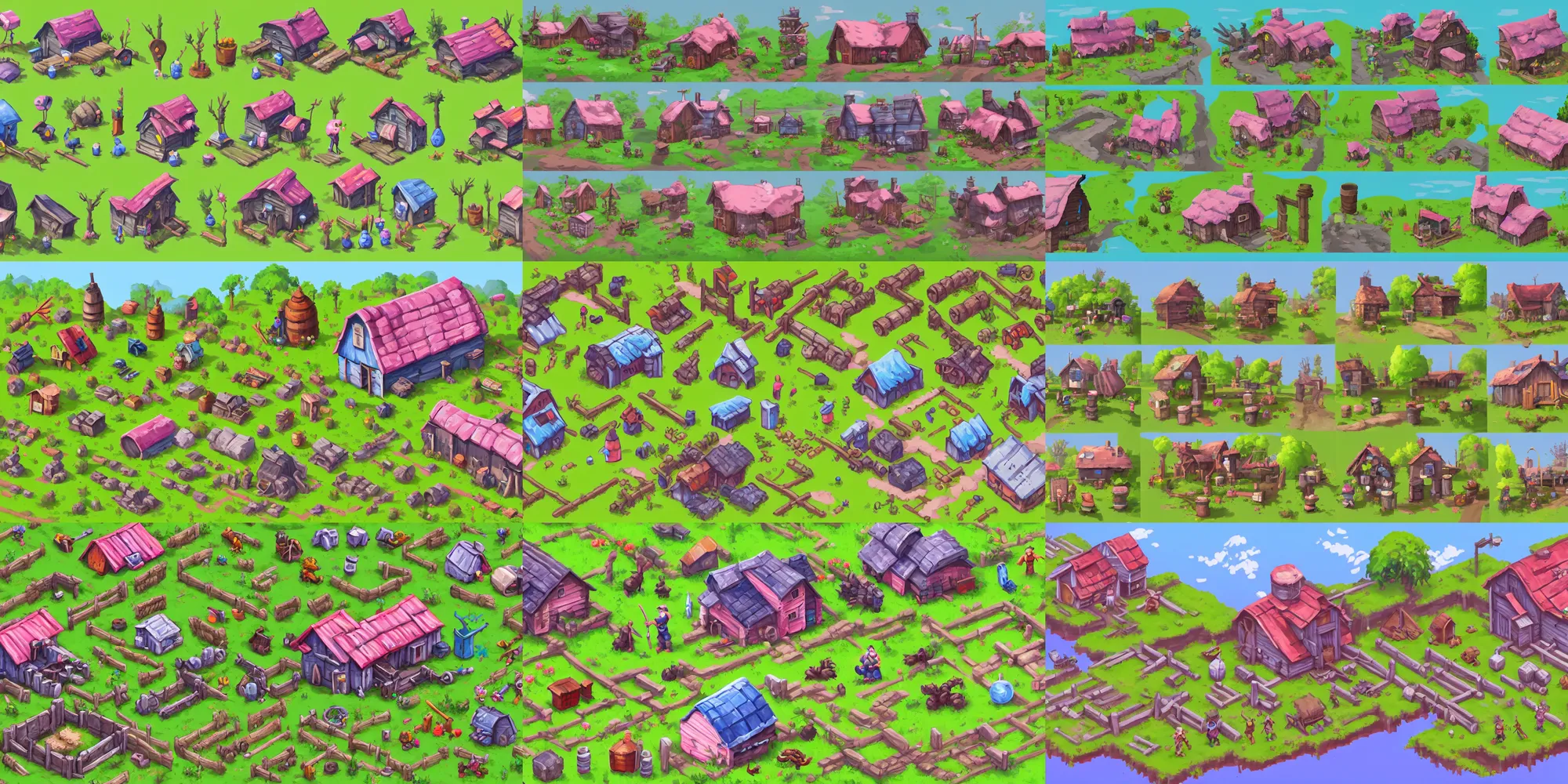 Prompt: game asset of farm house and farming tools, sprite sheet, pixel art references, in gouache detailed paintings, props, stylized, 2 d sprites, kitbash, arcane, overwatch, blue and pink color scheme, 8 k, close up