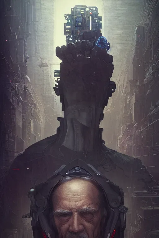 Image similar to cyberpunk old man, augmented, cyborg, movie poster, cinematic lighting, intricate, rugged, highly detailed, digital painting, artstation, smooth, sharp focus, illustration, art by artgerm and greg rutkowski and alphonse mucha and Wayne Barlowe and william-adolphe bouguereau