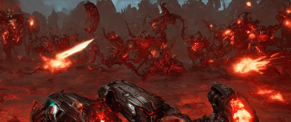 Image similar to doom slayer defeating hordes of demons and creatures on Urdak, wide shot, high detail, photorealistic, “doom eternal”, unreal engine