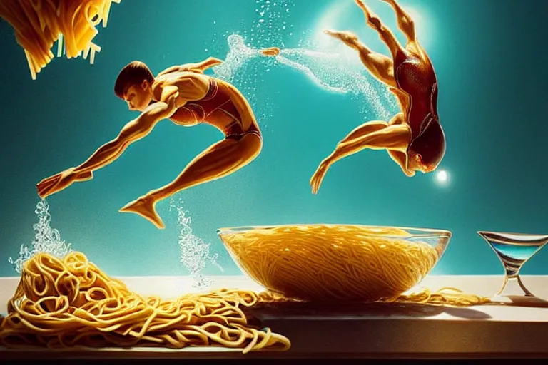 Image similar to olympic diver is diving into a dish of pasta, splash, art deco intricate ripples, fantasy, elegant, highly detailed, sharp focus, art by artgerm and beeple and greg rutkowski and wlop