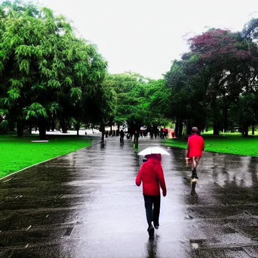 Image similar to : walking through a park after it rained