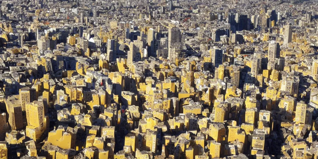 Image similar to a city made of melting cheese, wide angle