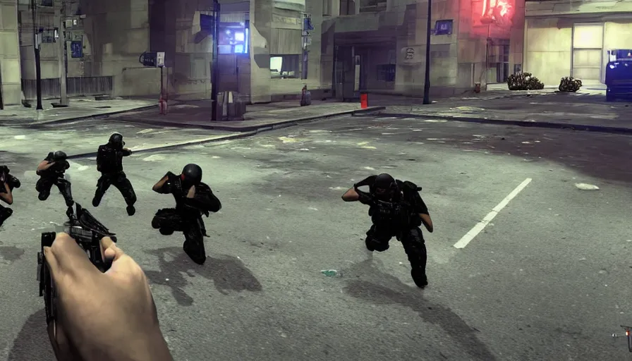 Image similar to 2020 Video Game Screenshot, Anime Neo-tokyo Cyborg bank robbers vs police, Set inside of the Bank, Open Vault, Multiplayer set-piece Ambush, Tactical Squads :19, Police officers under heavy fire, Police Calling for back up, Bullet Holes and Realistic Blood Splatter, :6 Gas Grenades, Riot Shields, Large Caliber Sniper Fire, Chaos, Metal Gear Solid Anime Cyberpunk, Akira Anime Cyberpunk, Anime Bullet VFX, Anime Machine Gun Fire, Violent Action, Sakuga Gunplay, Shootout, :14 Inspired by the film Akira :19 , Inspired by Intruder :11 Cel Shaded by Katsuhiro Otomo: 19, 🕹️ 😎 🚬