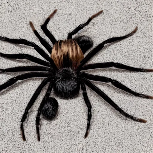 Prompt: a giant spider with tall skinny black legs whose entire body is covered in a mass of straight blonde hair