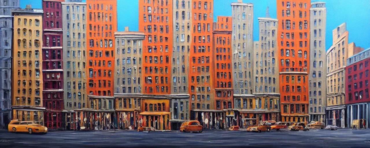 Prompt: stunning painting of a building facade. storefronts. city block. new york. masterpiece.