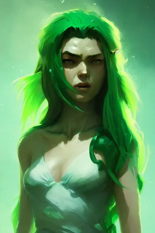 Image similar to character art by greg rutkowski, young woman, green hair, green skin, nature powers, 4 k, arstation, trending