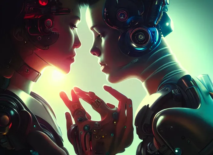 Image similar to ultra realistic medium shot of a couple of cyborgs kissing, lovers, cyberpunk, sci - fi, fantasy, kodak, colour led, soft light, volumetric lighting, night, intricate, highly detailed, digital painting, concept art, smooth, sharp focus, illustration, art by artgerm and greg rutkowski and alphonse mucha