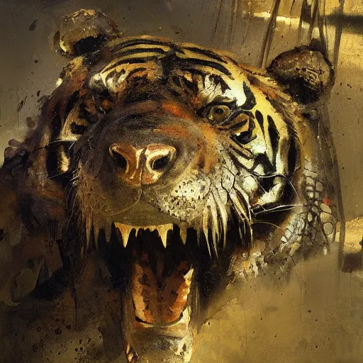 Image similar to crocodile morphed with tiger, highly detailed jeremy mann painting