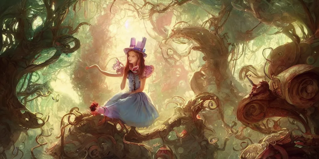 Prompt: a beautiful insanely intricate painting of alice in wonderland, reflexions, colorfull, by william turner art, by greg rutkowski, by james jean, by rossdraws, by frank franzzeta, by sakimichan, trending on artstation, insanely detailed illustration, thin contur lines, masterpiece,