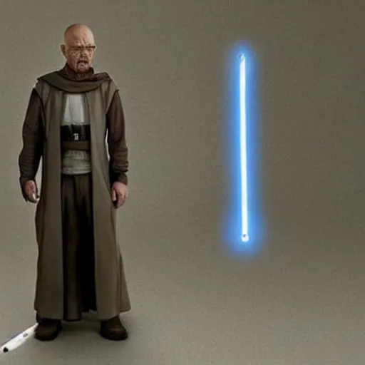 Image similar to realistic photo of walter white as a jedi from star wars, using jedi clothes and with a lightsaber