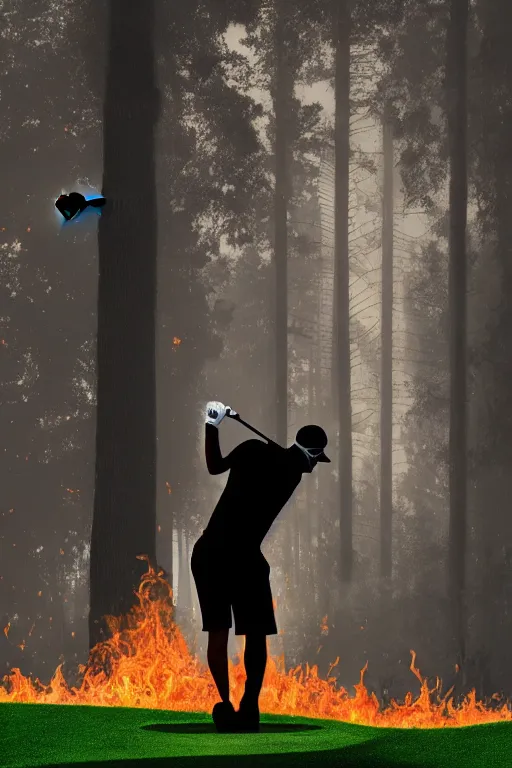 Image similar to close-up of a golf player on a lush golf course with a burning forest far away, digital painting, 4k, rays of light, particles light, by sasha kalinkin