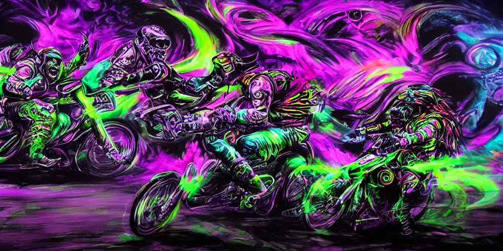 Image similar to psychedelic blacklight airbrush artwork, motorcycles, hyper stylized action shot of orc bikers racing on motorcycles, menacing orcs, drifting, skidding, wheelie, clear focused details, soft airbrushed artwork, black background, post - apocalypse, cgsociety, artstation, peter palombi, peter lloyd