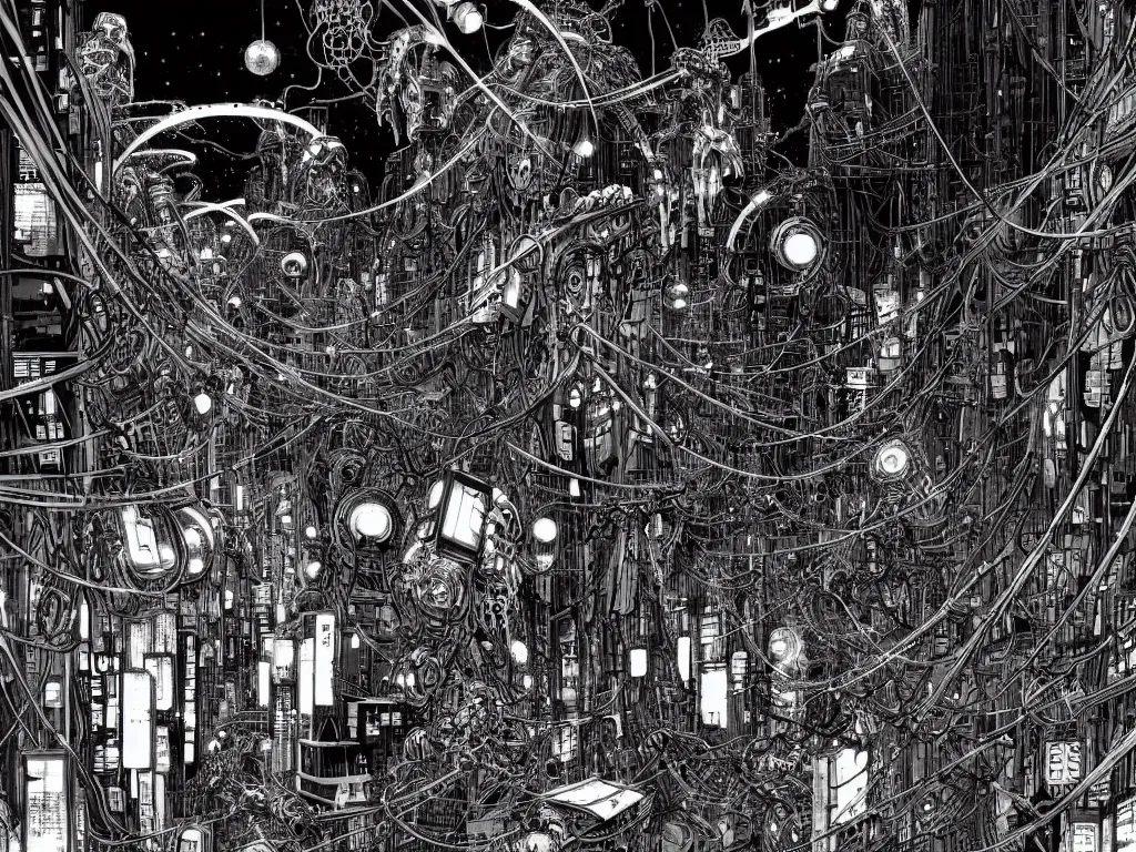 Prompt: cyborg monsters with tentacles and wires in detailed huge cybernetic mega city with wires in space, by nihei tsutomu