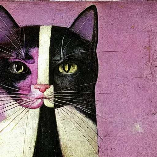 Image similar to stunning portrait of the cat of cheshire bosch with pink and purple stripes and a sadistic smile by hieronymus bosch