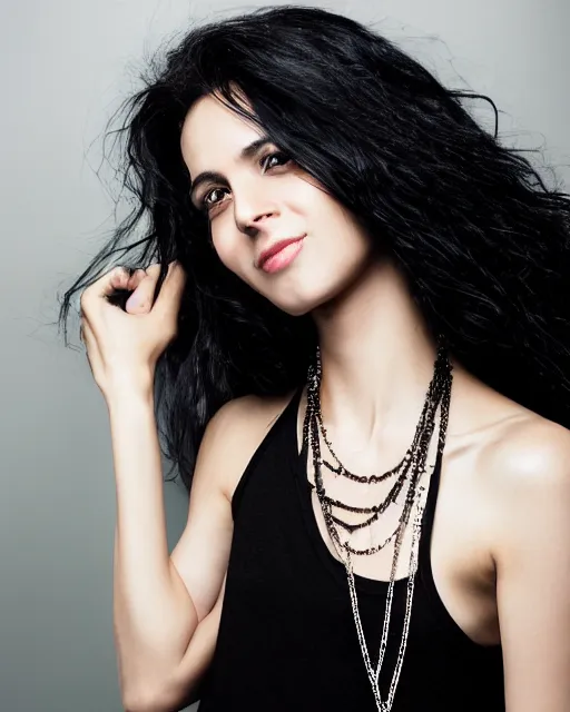 Image similar to a portrait of a beautiful Young female with long disheveled black hair, beautiful and smiling, sweet looks, white skin and reflective eyes, black tank top, black leather shiny jeans, an ankh necklace white colors in the background, by David Lazar and Annie Leibovitz 500px photos, top cinematic lighting , cinematic mood, very detailed, shot in canon 50mm f/1.2
