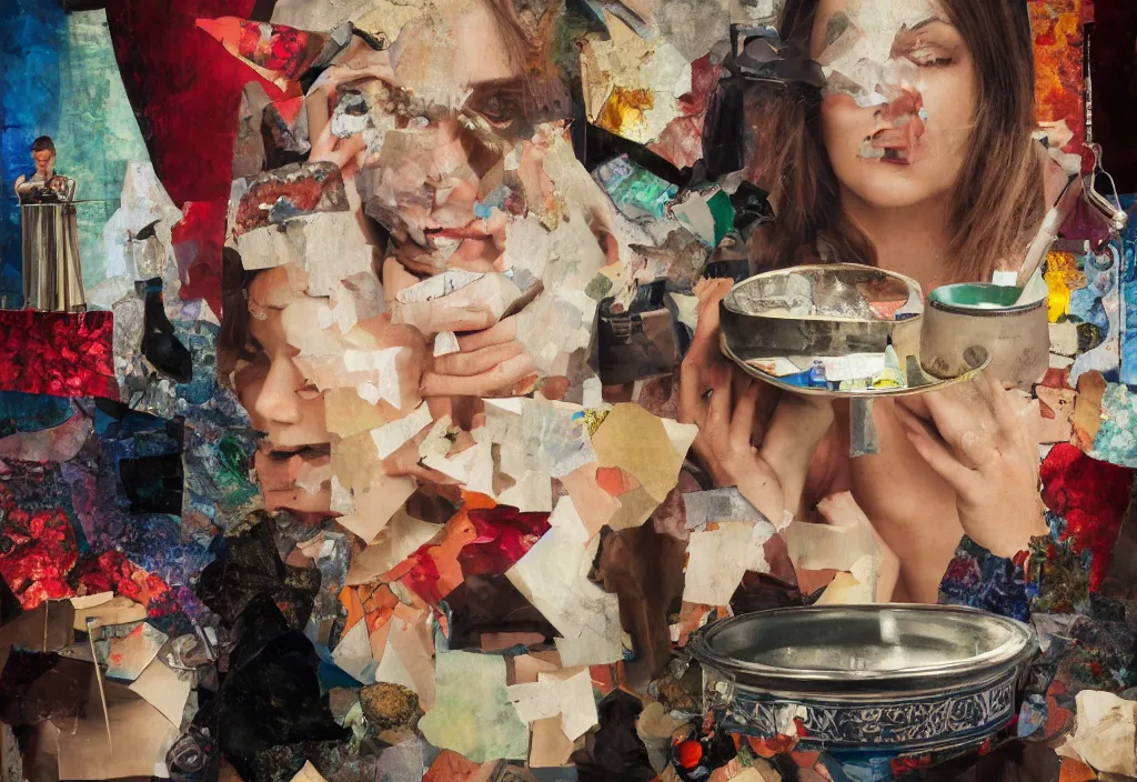 Image similar to oil painting, with an ashtray on top, collage, paper, girl faces, ultra detailed, high resolution, cinematic, unreal 6