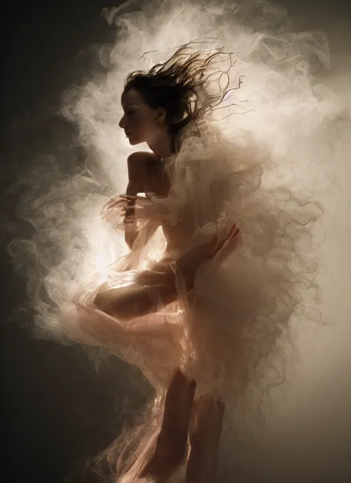 Image similar to a photorealistic dramatic hyperrealistic render photography of a glamorous beautiful female dancer by ken brower and deborah ory of nyc dance project, lois greenfield, lord of the rings, neon, flowing cloth and smoke, beautiful dynamic dramatic dark moody lighting, beautiful intricate face, volumetric, shadows, artgerm, alphonse mucha, cinematic atmosphere, octane render, 8 k