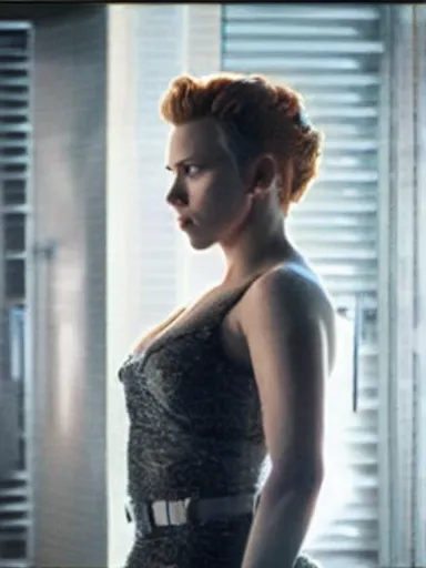 Image similar to “ scarlett johansson waiting in the bathroom line, movie screenshot, cinematic, epic, dramatic ”
